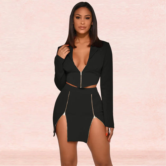 Women's Sexy V-Neck Blazer and Skirt Two-Piece Set