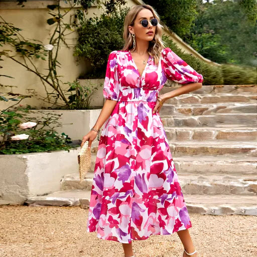 V-Neck Printed Summer Maxi Dress