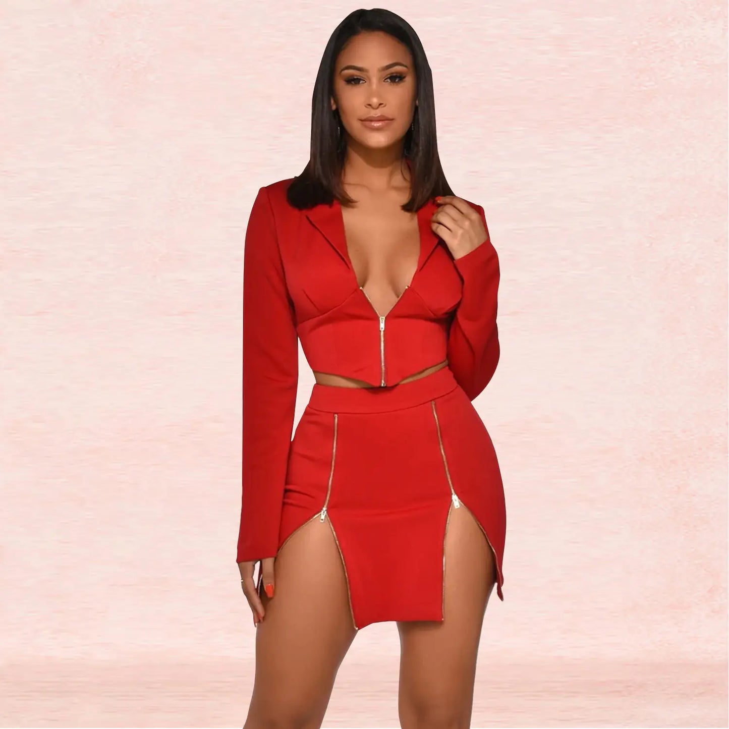 Women's Sexy V-Neck Blazer and Skirt Two-Piece Set