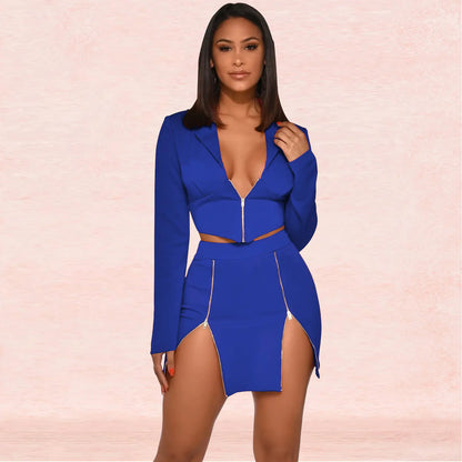 Women's Sexy V-Neck Blazer and Skirt Two-Piece Set