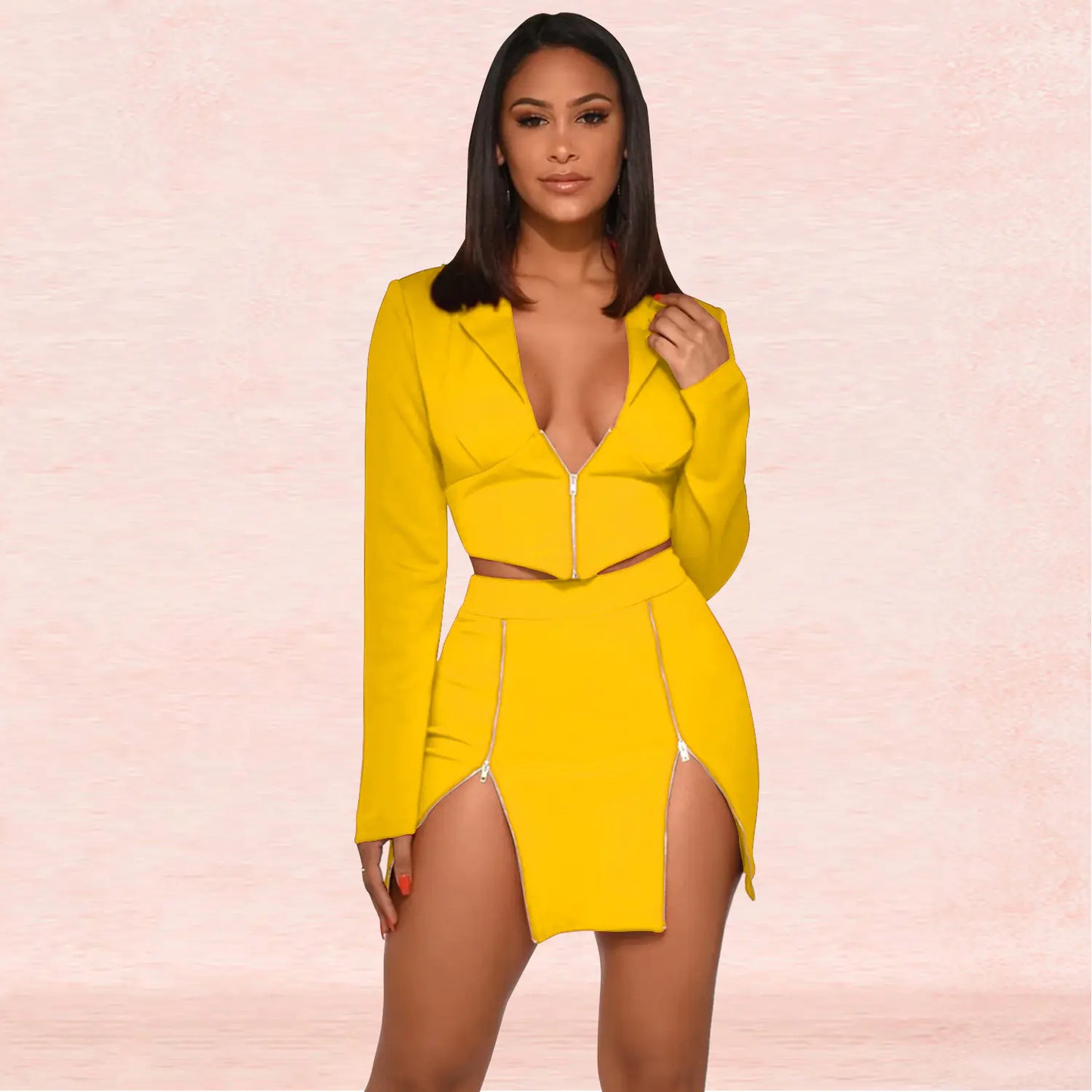 Women's Sexy V-Neck Blazer and Skirt Two-Piece Set